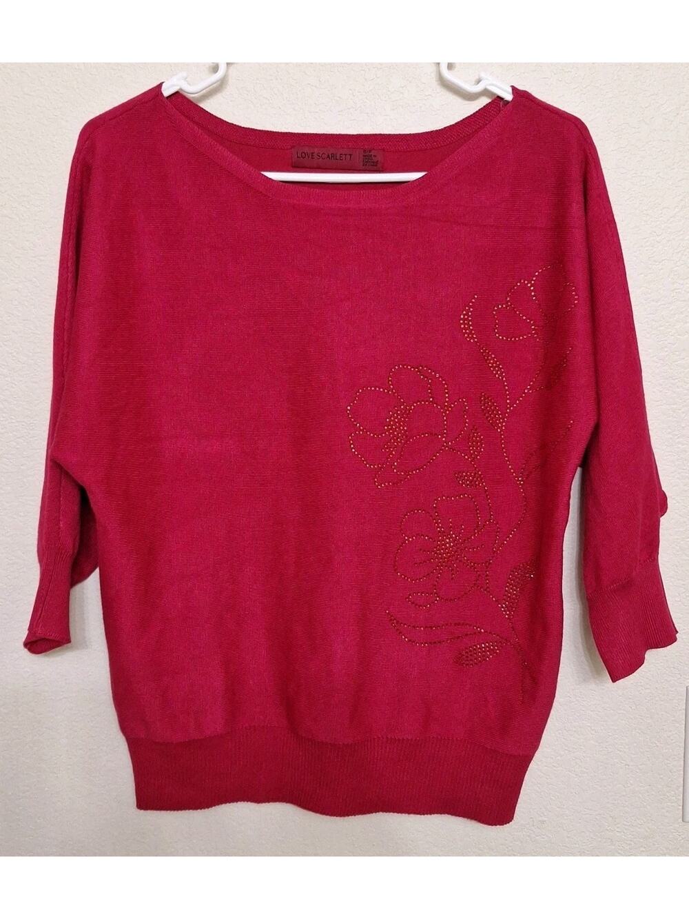 Love Scarlett Red Top Size S/P 3/4 Sleeve Rhinestone Flowers